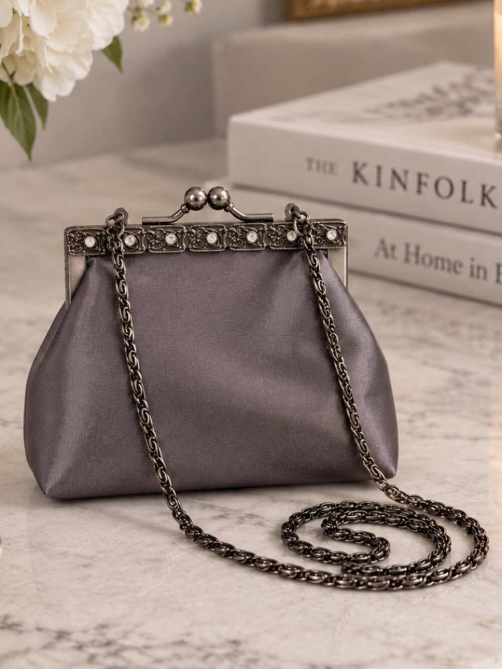 Vintage Gunmetal Grey Satin Evening Bag Rhinestone Kiss Lock Chain Purse